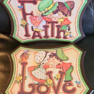 VTG 1970's LOVE FAITH Wooden Wall Hangings Kissing Praying Retro Boy Girl Child